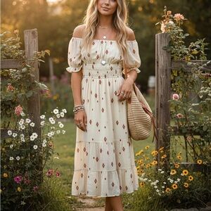 Liberty Love Ivory Off-Shoulder Midi Dress with Rust Diamond Motif Size L